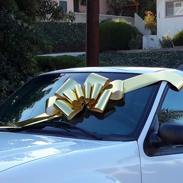 Big Metallic Gold Car Bow - 25" Wide, Fully Assembled, Large Ribbon Gift Decoration, Mardi Gras, Christmas, Birthday, Graduation, Wedding