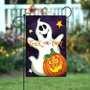 May include: A Halloween garden flag with a white ghost and a jack-o'-lantern pumpkin. The ghost is smiling and has a star above its head. The pumpkin has a carved face and the text "Trick-or-Treat" is written in a whimsical font.