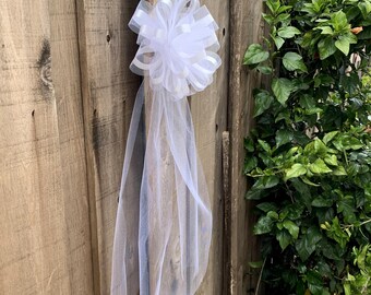 Large White Tulle Pew Bows - 10" Wide Set of 4, Fully Assembled Wedding Decor, Valentine's Day, Reception, Anniversary, Birthday, Fundraiser