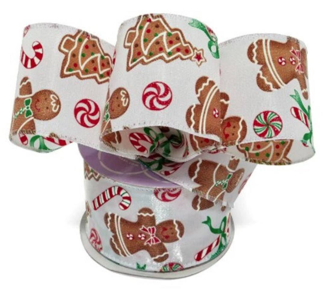 Gingerbread Cookies Wired Christmas Ribbon - 2 1/2