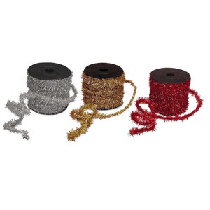 Sparkling Metallic Tinsel Wired Cords - 1/2&quot; x 10 Yards, Set of 3, Red, Gold, Silver, Christmas Ribbon, Wreath, Gift Wrap, Holiday Decor