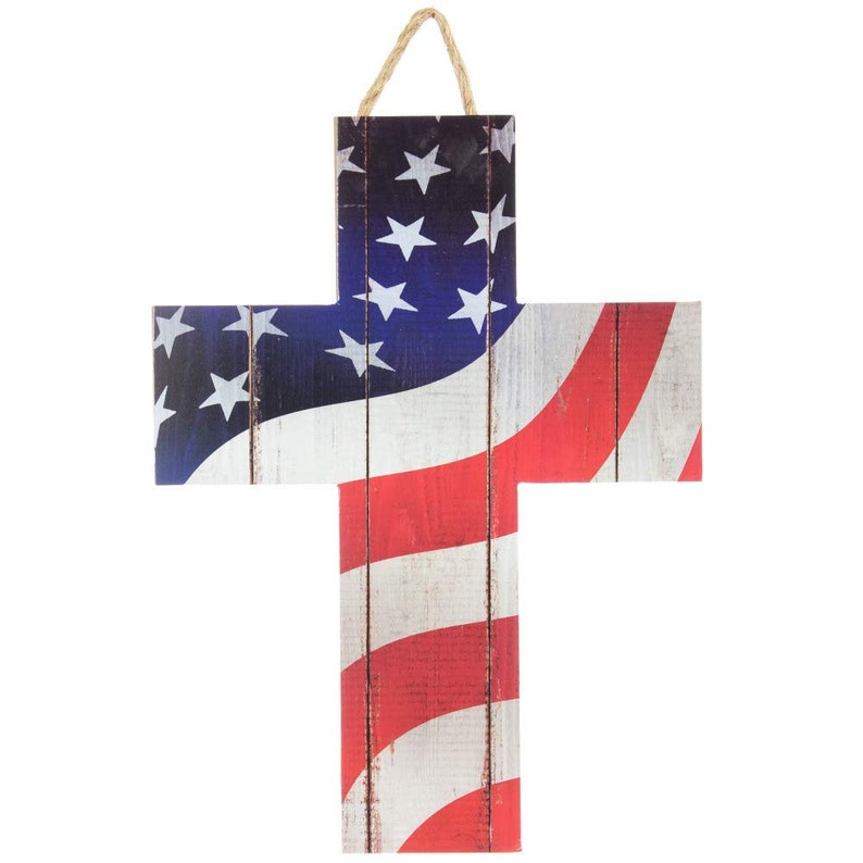 Patriotic American Flag Cross Sign - 13" x 10", 4th of July, Chri...