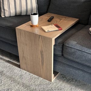 Red Oak C-Shaped Side Table: Slide Under Couch Desk