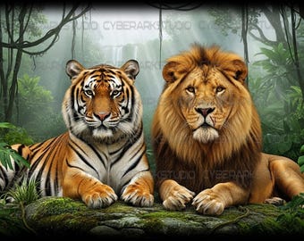 Scena z dzikim tygrysem i lwem w dżungli z wyblakłą krawędzią. Przezroczyste tło. Grafika na koszulkę. 1 szt.