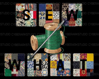 Grafika na fartuchu lub koszulce – pikowanie z napisem „Sew What”. 1 szt. Tło jest przezroczyste, a nie czarne.