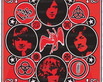 Può includere: Un poster da concerto rosso e nero per i Led Zeppelin con ritratti dei membri della band, il logo di Icaro e vari simboli. Il testo include An Evening With Led Zeppelin, United States of America 1977, The Kingdome, Seattle, WA, 17 luglio 1977.
