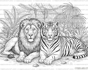 Lew i tygrys relaksujący się w dżungli – grawerunek. (1 szt.)