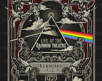 Oficjalny plakat koncertu Pink Floyd Dark Side of the Moon z 17, 18, 19 i 20 lutego 1972 w Rainbow Theatre.