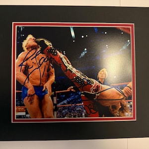 Könnte beinhalten: Gerahmtes Foto eines Wrestling-Matches. Ein Wrestler trägt blaue Shorts, der andere eine rot-schwarz gemusterte Strumpfhose. Beide Wrestler sind signiert. Der Hintergrund zeigt eine Menge und einen Ring.