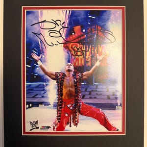 May include: A framed photograph featuring a wrestler in a red and black outfit, kneeling with arms raised. The image is signed with a black marker. The background shows a stage with lights and pyrotechnics. The WWE logo is visible.