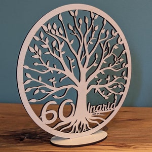 Wooden Tree of Life for Birthday - Engraved Wooden Gift with Number and Name, Tree of Life Stand Anniversary Personalized