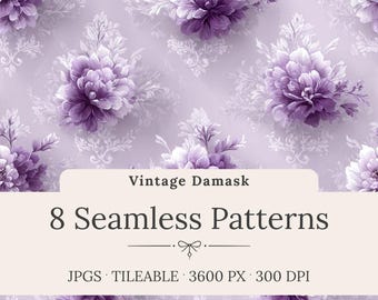 May include: A digital design featuring a repeating pattern of large, purple floral blooms on a light purple background. The words "Vintage Damask" and "8 Seamless Patterns" are displayed on a cream-colored banner.