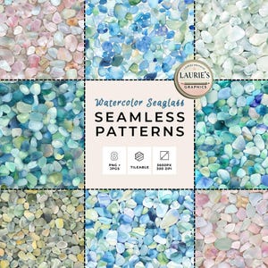 Watercolor Sea Glass Seamless Digital Paper, Coastal Beach Pebble Pattern Pack for Summer Crafts, Sublimation & Packaging PNG Commercial Use