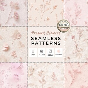 Puede incluir: Una colección de ocho patrones sin costuras en rosa rubor con flores prensadas. Los patrones son repetibles y tienen una resolución de 3600px a 300 DPI. La imagen incluye el texto "Pressed Flowers SEAMLESS PATTERNS".