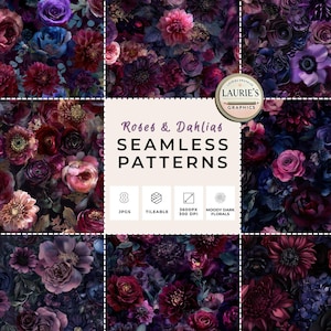 May include: A collage of eight seamless patterns featuring roses and dahlias in shades of purple, burgundy, and blue. The patterns are labeled as tileable, 3600px, and 300 DPI. The text reads "Roses & Dahlias SEAMLESS PATTERNS".