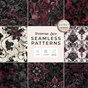 Paquete de patrones sin costuras de encaje victoriano: fondos florales góticos y damasco barroco para bodas, papel de scrapbooking, papelería y uso comercial.
