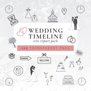 Pode incluir: Um conjunto de ícones de casamento em preto e branco, incluindo uma igreja, anéis, um bolo e um carro com "JUST MARRIED" na parte traseira. O texto "WEDDING TIMELINE icon clipart pack" e "110 TRANSPARENT PNGS" também estão presentes.