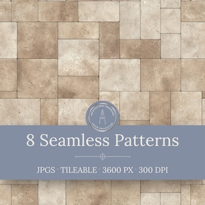 Peut inclure: Un graphique numérique présentant un motif répétitif de pavés en pierre rectangulaires dans des tons beige et brun clair. Une bannière bleue affiche le texte 8 Seamless Patterns, JPGS, TILEABLE, 3600 PX, 300 DPI et un logo circulaire.