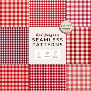 May include: A collection of red and white gingham seamless patterns. The image displays various square patterns in different shades of red, including a deep burgundy. The text in the center reads "Red Gingham Seamless Patterns".