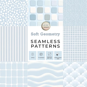 Collection of dusty blue  soft geometry seamless patterns, perfect for digital and print projects.