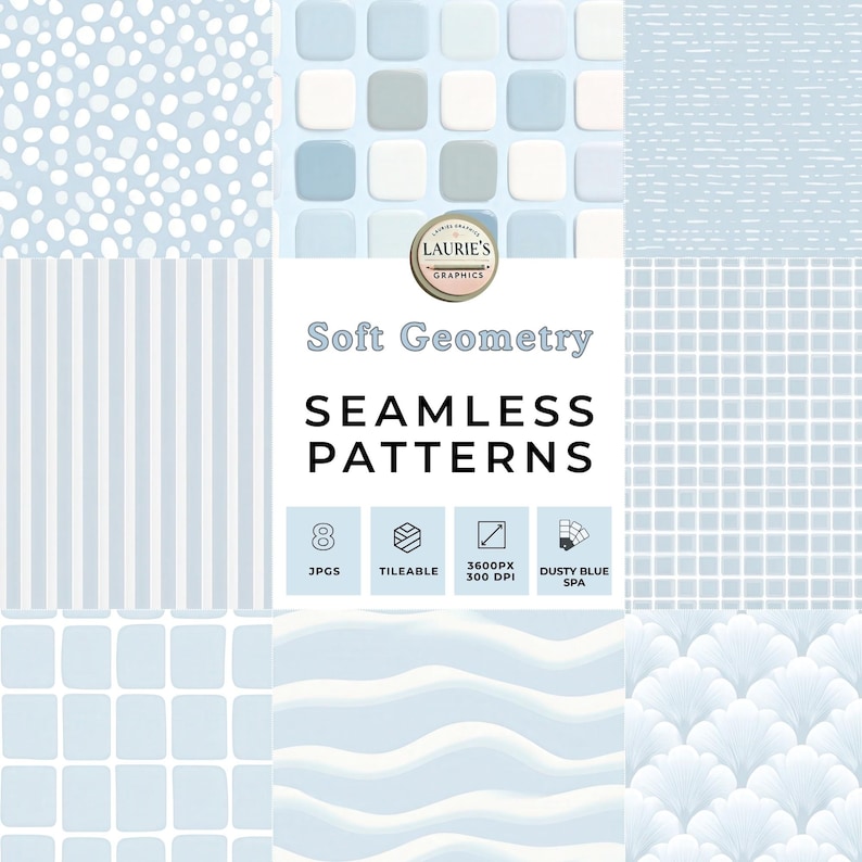 Collection of dusty blue  soft geometry seamless patterns, perfect for digital and print projects.