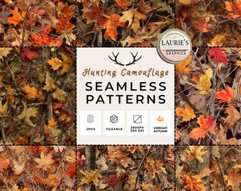 May include: A collection of eight seamless hunting camouflage patterns featuring vibrant autumn leaves in shades of red, orange, and brown. The image includes text that reads "Hunting Camouflage Seamless Patterns".