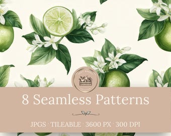 May include: A seamless pattern featuring green limes, lime slices, and white blossoms on a cream background. A circular badge reads Fruit Market Collection. A text overlay states 8 Seamless Patterns, JPGS, TILEABLE, 3600 PX, 300 DPI.