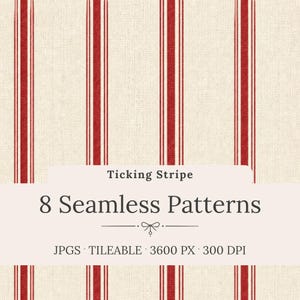 Op de afbeelding: Naadloos patroon met verticale rode strepen op een crèmekleurige achtergrond. De afbeelding bevat de tekst "Ticking Stripe" en "8 Seamless Patterns". Het patroon is tegelbaar, resolutie 3600 px bij 300 DPI.