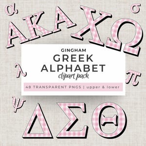 May include: A collection of Greek alphabet letters and symbols in a pink and white gingham pattern. The words "Gingham Greek Alphabet clipart pack" are displayed on a white rectangle. The image includes 48 transparent PNGs, upper and lower case.