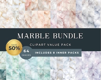 May include: A digital marble bundle clipart value pack featuring 64 images across 8 inner packs. The graphic displays various marble textures in shades of white, pink, blue, green, and purple, with text reading MARBLE BUNDLE, CLIPART VALUE PACK, and INCLUDES 8 INNER PACKS.