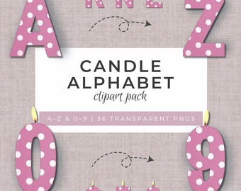 May include: Pink candle alphabet clipart pack with white polka dots. The letters A, R, N, E, and Z, along with the numbers 0, 2, 5, 8, and 9 are shown. Each letter and number has a yellow flame at the top. The text "CANDLE ALPHABET clipart pack" is in the center.