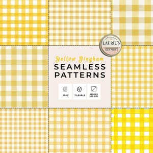 May include: A digital graphic featuring eight yellow gingham seamless patterns. The patterns vary in size and shade of yellow, with a white grid overlay. The image includes the text "Yellow Gingham Seamless Patterns" and other details.