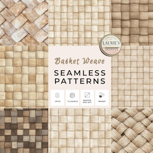 May include: A collection of eight seamless basket weave patterns in various shades of beige and brown. The image includes a logo and text that reads "Basket Weave Seamless Patterns". The patterns are tileable and 3600px at 300 DPI.