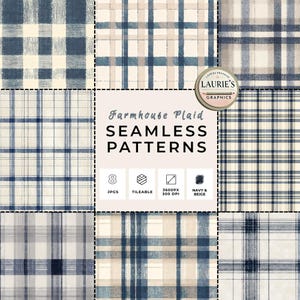 Könnte beinhalten: Eine Sammlung von acht nahtlosen Bauernhaus-Plaid-Mustern in Marineblau und Beige. Die Muster sind kachelbar und 3600px bei 300 DPI. Der Text "Farmhouse Plaid SEAMLESS PATTERNS" ist enthalten.