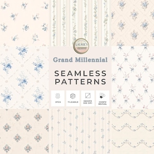 May include: A collection of eight seamless patterns in a vintage style. The patterns feature floral and striped designs in soft blue, pink, and cream colors. The text reads "Grand Millennial Seamless Patterns".