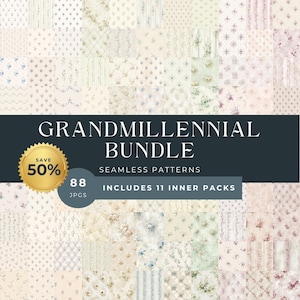 May include: A digital collection of 88 seamless patterns titled GRANDMILLENNIAL BUNDLE, featuring various floral, striped, and checkered designs in soft pastel tones. The image includes a gold seal stating SAVE 50% and 88 JPGS.