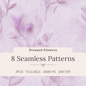 Patrones sin costuras de flores prensadas: Paquete de papel digital floral de lavanda suave, elegantes texturas de fondo botánicas (descarga digital)