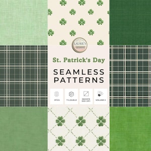 St. Patrick’s Day Seamless Patterns: Green Linen, Tartan Plaid & Embroidered Shamrock Digital Paper, Irish Backgrounds (Instant Download)