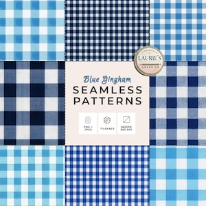 Puede incluir: Una colección de ocho patrones sin costuras de cuadros vichy azules en varios tonos de azul y blanco. Los patrones son repetibles y están disponibles en formatos PNG y JPG. Incluye el texto "Blue Gingham Seamless Patterns".