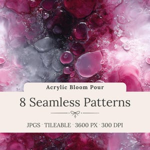 Peut inclure: Art abstrait de coulée acrylique aux tons roses, violets et gris. L'image présente un motif fluide et sans couture avec une texture bulleuse. Le texte sur l'image indique "Acrylic Bloom Pour" et "8 Seamless Patterns".