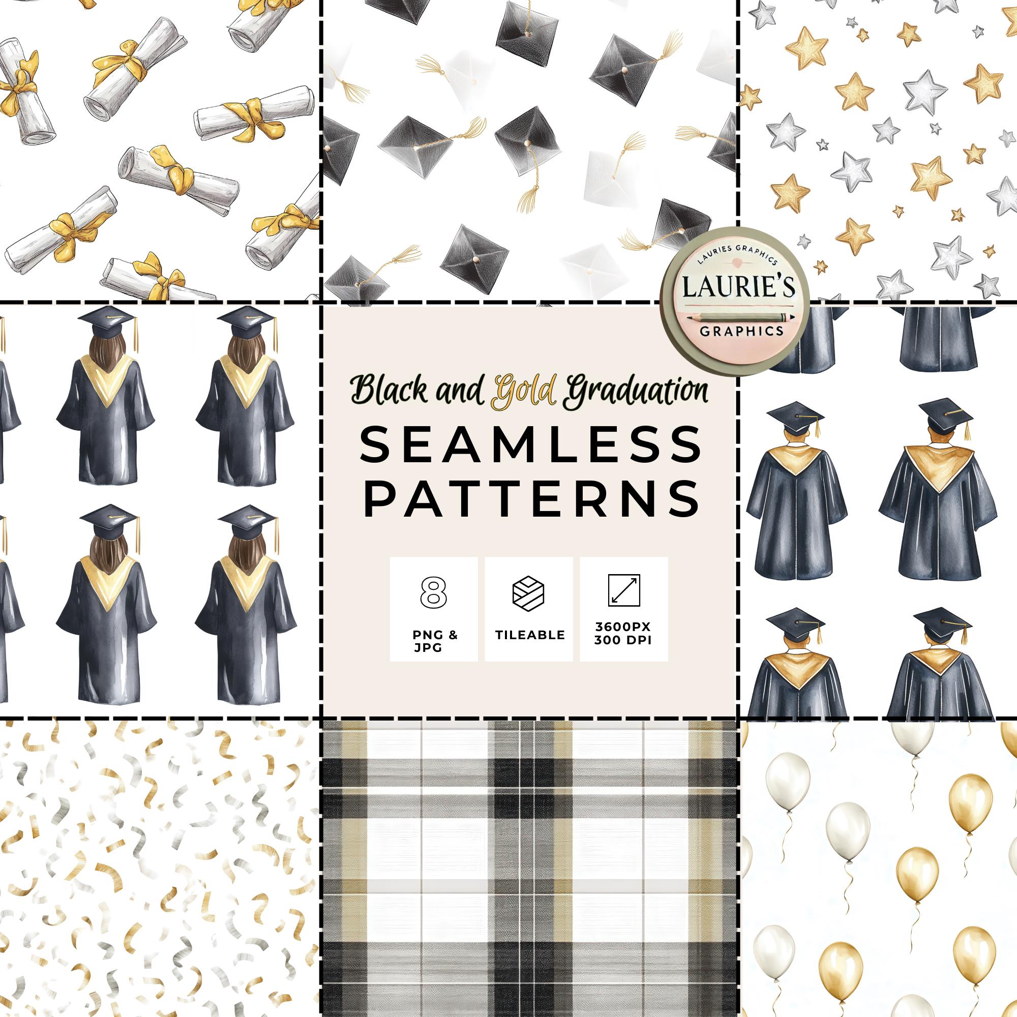 Graduation Paper Pattern Graduation Seamless Patterns: Black and Gold Papers, Diploma, Cap ...