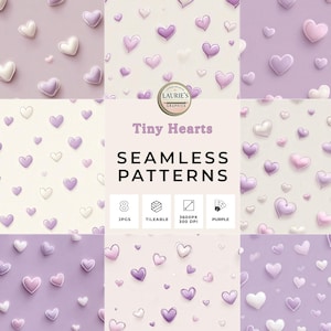 May include: A collection of seamless patterns featuring tiny hearts in shades of purple and white. The image includes the text "Tiny Hearts" and details about the patterns, such as the number of JPGs, tileability, resolution, and color.