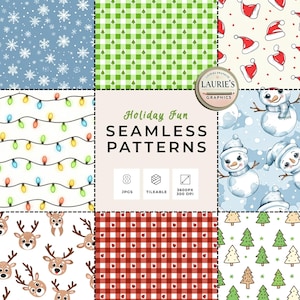 May include: A collection of eight holiday-themed seamless patterns. Designs include snowflakes on blue, green gingham with trees, Santa hats, snowmen, string lights, reindeer, red gingham, and Christmas trees. The text reads "Holiday Fun Seamless Patterns".