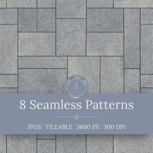 Può includere: Una texture di pavimentazione in pietra grigia con un motivo a griglia rettangolare. Un logo circolare con un'icona a compasso è centrato sopra un banner blu contenente il testo bianco: 8 Seamless Patterns, JPGS, TILEABLE, 3600 PX, 300 DPI.