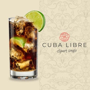 Peut inclure: Un grand verre rempli d'une boisson brun foncé, de glaçons et de quartiers de citron vert. La boisson est garnie d'une tranche de citron vert. Les mots "CUBA LIBRE" et "Made in Cuba" sont visibles.