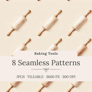 May include: A repeating pattern of wooden rolling pins on a light beige background. The text reads: Baking Tools, 8 Seamless Patterns, JPGS, TILEABLE, 3600 PX, 300 DPI. The design features a central decorative bow icon between the lines of text.