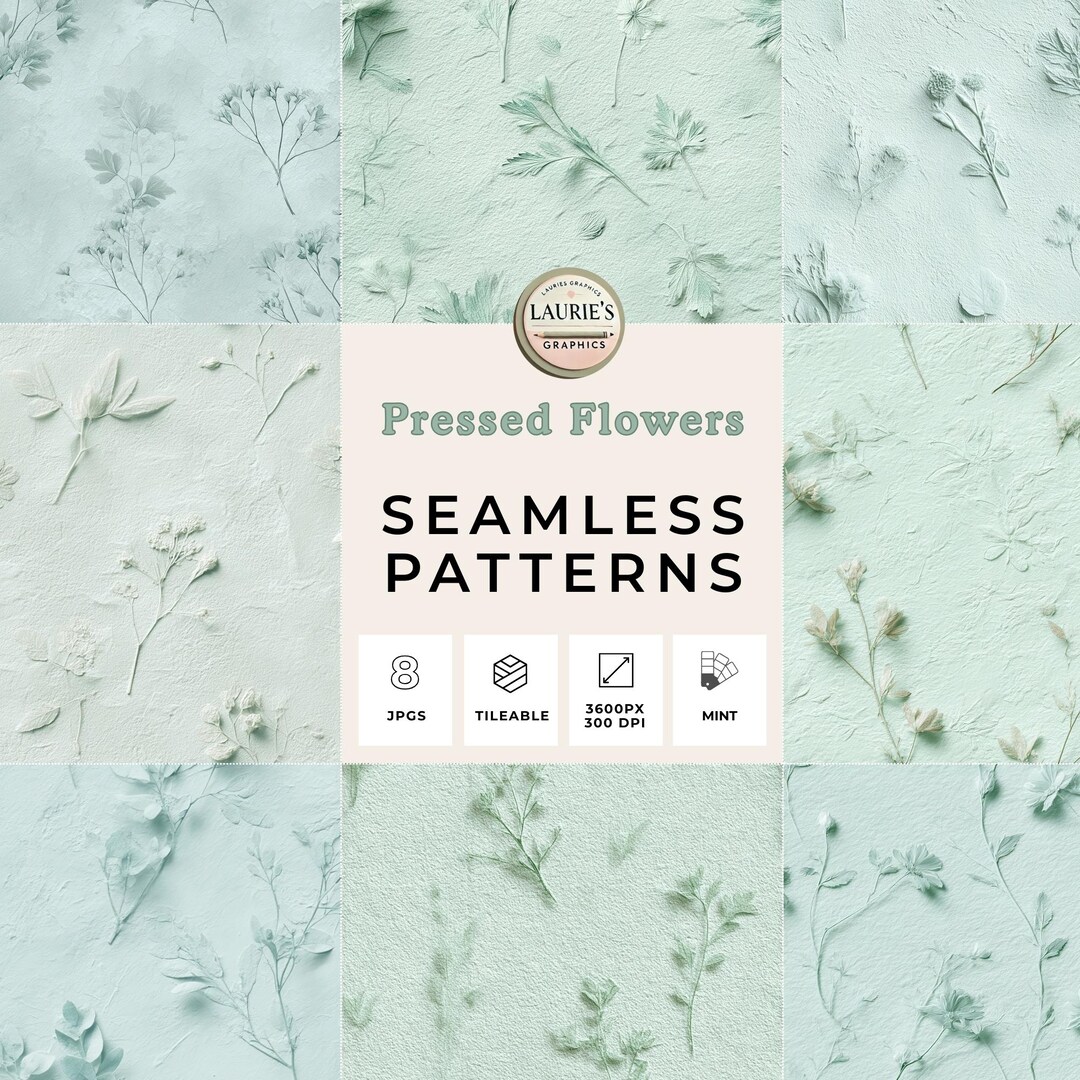 Pressed Flowers Seamless Patterns: Mint Green Botanical Textures ...