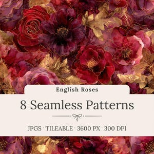Alcohol Ink English Roses Seamless Patterns: Ruby Red and Gold Floral Digital Paper for Scrapbooking, Branding & Crafts, Commercial Use