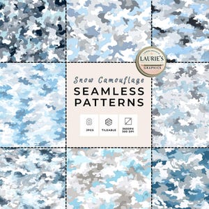May include: Eight seamless snow camouflage patterns in shades of blue, gray, and white. The image includes the text "Snow Camouflage Seamless Patterns," along with details about the file format and resolution.