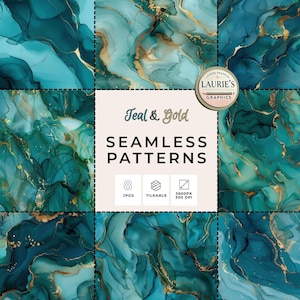 Teal and Gold Marble Seamless Pattern: Alcohol Ink Textures, Luxury Abstract Backgrounds (Digital Download)